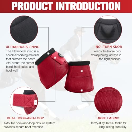 Horse Bell Boots for Outdoor Sports(Crimson Red, XL) | Comfortable fit, prevents sprains, convenient hook and loop design, durable outdoor protection - color: Crimson Red, size: XL