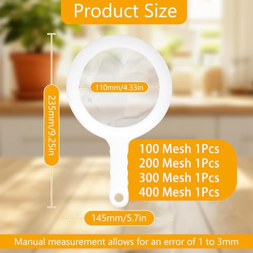 4 Pack Ultra-Fine Nylon Mesh Strainer, 100/200/300/400 Mesh Kitchen Colander with Plastic Non-Slip Handle for Filtering Juice, Milk, Soy, Coffee, Honey, Wine, Yogurt - size: 100/200/300/400 Mesh-4pcs
