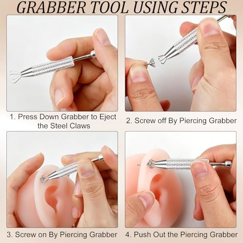 2Pcs Piercing Ball Grabber Tool for Changing Jewelry, Stianless Steel Flat Back Earring Applicator Internally Threaded Push Pin Piercing Grabber Tool - color: Silver-D