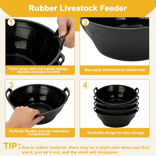 4Pcs Rubber and Plastic Feed Pan with Handle, 3 Gallon / 12 Quart | Plastic Feed Pan Utility Horse Feed Bucket for Cats Dogs Goats Chicken Dust Bath Container Animal Feeding Watering Bowl