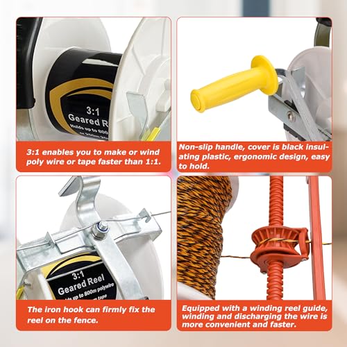 3:1 Geared Reel Prewound Polywire, Electric Fence Wire Reel, with Auxiliary Winding Handle, Plus 1 Free 8 inch Insulgrip, Suitable for Building Farm Electric Fences - size: 1640 ft x 1 standard reel x 1 guide x 1 Handle