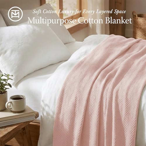 Threadmill Luxury Cotton Blankets for Queen Size Bed | All-Season 100% Cotton Queen Size Blanket | Herringbone Cozy, Soft Breathable Fall Thermal Blanket fits Full Size Bed | English Rose | All-Season Thermal Blanket, Soft & Breathable, Cozy Moisture-Wick