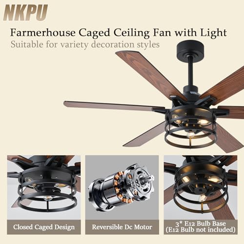 NKPU 52 Inch Farmhouse Ceiling Fan with Light and Remote, Brown Industrial Caged Rustic Ceiling Fan with 6 Speed Reversible Motor and Dual Finish 6 Blades, Rustic Ceiling Fan for Living - color: Brown