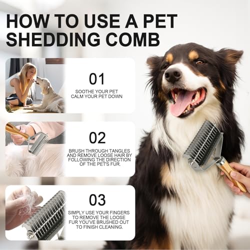 2-in-1 Pet Dematting&Deshedding Undercoat Rake with Bamboo Handle | Double-Sided Dematting Comb,Deshedding Dog Brush,Pet Grooming Tool for Long-Haired Dogs&Cats,Remove Loose Hair Tangles