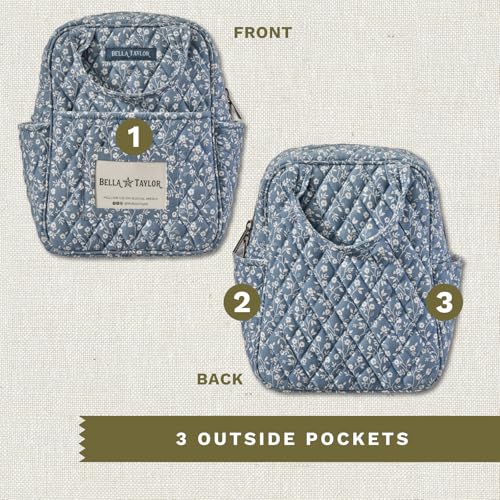 Bella Taylor Lunch Tote, Quilted Lunch Bag, Heritage Blue Floral | Lightweight quilted cotton lunch box, easy-to-clean PEVA lining, 3 outside/1 inside pocket, durable construction - color: Heritage Blue Floral