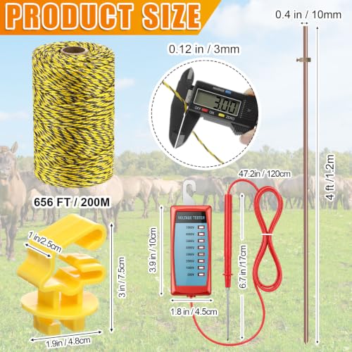 Zonon 24 Pcs Electric Fence Kit Include 656 ft Electric Fence Polywire and Fences Voltage Tester and T-Post Insulatorand 4ft Ground Rod with Attached Wire Clamp for Electrical Fences Farms