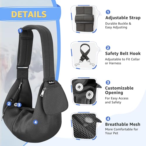 SlowTon Dog Carrier Sling - Thick Padded Shoulder Strap Adjustable, DGY S | Dog Carriers for Small Dogs, Puppy Carrier Purse for Pet Cat with Front Zipper Pocket Safety Belt Machine Washable - color: B-Dark Grey Breathable Fabric