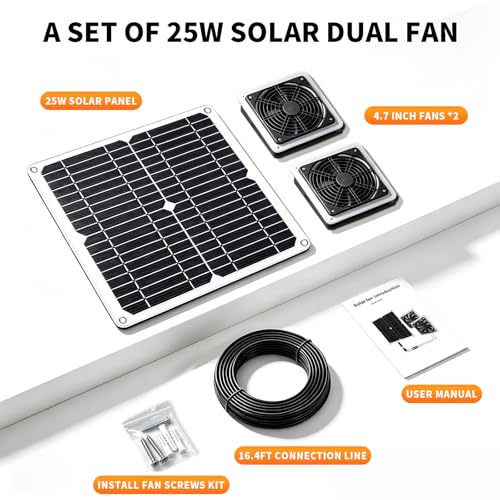 25w Solar Fan for Chicken Coop,16.4FT Cable IP54 Waterproof | Solar Exhaust Fan,Solar Panel Fans Kit for Outside Greenhouse,Shed,Pet House,Outside No Battery On/Off Switch Cable - size: 25W
