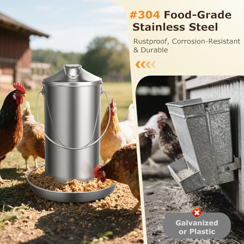 Chicken Feeder - 304 Stainless Steel 8.8 lb Rust-Proof No Waste Poultry Feeder for Outdoor Coops, Chickens, Ducks & Small Farms