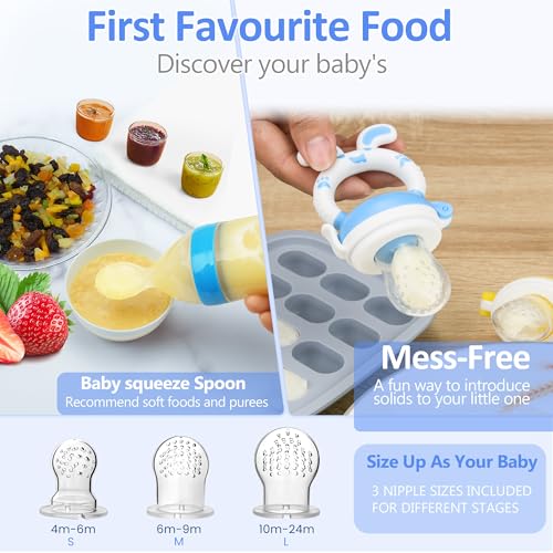 Baby Fruit Feeder Pacifier | 2 Infant Food Feeder Pacifier & 2 Baby Food Dispensing Spoon | Fresh Fruit Teethers for Babies | Silicone Feeder Babies,Infant Teething Feeders (Blue-Rabbit) - color: 04-Blue
