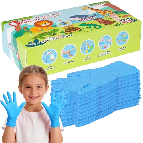 XXS Kids Nitrile Gloves, Latex & Powder Free, 4 Mil, 50 Pairs | XXS Fits Ages 3-8, Food-Grade Material, Waterproof, Textured Grip, Crafts, Painting, Cooking, Science, Messy Play - color: Blue