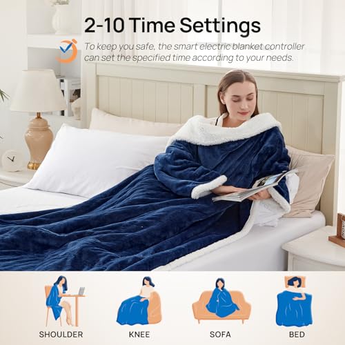 Westinghouse Wearable Heated Blanket with Foot Pocket Sherpa 50x70+18 Navy | Electric Snuggle Throw with Foot Pocket, Flannel Sherpa 6 Heating Levels & 2-10 Hours Auto Shut Off, Home Office Use - color: Navy Blue&ivory, size: 70*50" Heated Snuggle Blanket