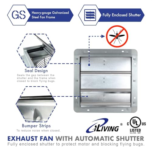 iLiving 10" Shutter Exhaust Fan with Wireless Smart Remote Controlled Thermostat and Humidity, Variable Speed Wall Mounted Attic Vent Fan, Chicken Coop Ventilation, 820 CFM, 1200 SQF Coverage Area - size: 10 inches