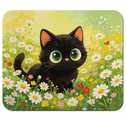 Lovely Black Kitten in Daisy Meadow Mouse Pad 9.5" x 7.9", Whimsical Spring Floral Cute Desk Mat - color: Black Kitten