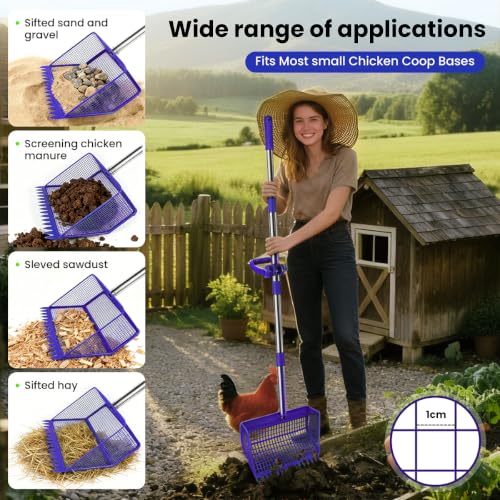 2026 Latest 12inch 2-in-1 Chicken Poop Scooper & Rake with Handle, Heavy-Duty Metal Chicken Coop Scoop for Sand Sifting Shovel Litter Scooper for Farm House Chicken Coop Cleaning Tools Accessories - color: Blue