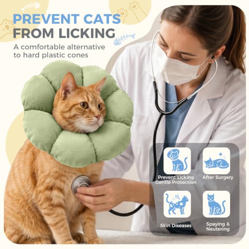 Avont Soft Cat Cone S Sagegreen Post-Surgery Anti-Lick Adjustable | Sagegreen S, Neck 5.9-9.8", Anti-Lick, Breathable, Lightweight, Soft Cotton, Adjustable Drawstring - color: Sagegreen, size: S (5.9" – 9.8")