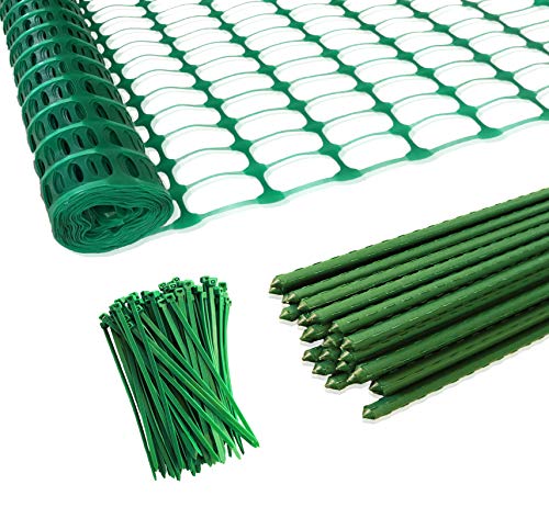 Temporary Plastic Fence 40" x 100' with Posts, Movable Snow Barrier Fencing | Cut-to-Fit Plastic Mesh Roll with 25 Steel Stakes, Weather-Resistant, For Garden, Yard, Pool, Lawn, Deer Control, Dog Safety