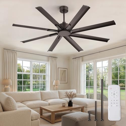 ZMISHIBO 65 Inch Ceiling Fan without Light, 8 Aluminum Reversible Blades | Industrial-Grade, DC Motor, Damp Rated, 6 Speeds, Remote Control, 3 Downrods, Flat/Sloped Ceiling, Living Room, Patio, Gym - color: Oil-bronze, size: 65inch