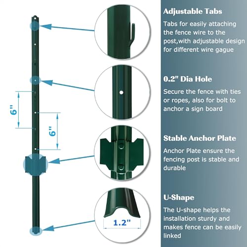 5 Feet Green, Pack of 10 Metal Fence Post, for 48 Inch High Garden Welded Wire Fence U-Channel Steel Garden Post - size: 5',10 PCS