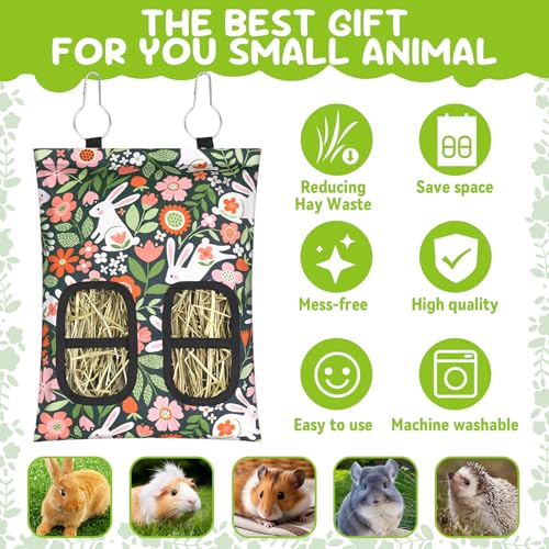 3 Pcs Rabbit Hay Feeder, 2-Hole Hanging Guinea Pig Hay Bags Washable Bunny Hay Bag for Rabbits, Chinchillas, Hamsters, Small Pets and Animals (11.8"×8.7") - color: Green,Yellow,Blue