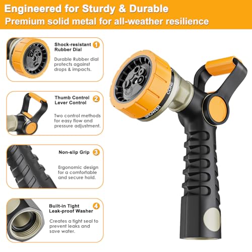 FANHAO Fireman Style Garden Hose Nozzle, Heavy Duty Metal Water Hose Nozzle | Thumb Control & Large Lever Control, 7 Adjustable Spray Patterns High Pressure Sprayer for Watering Plant, Car & Pet Washing