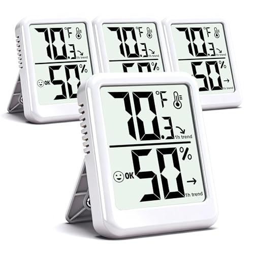4 Pack Room Thermometer Indoor Hygrometer Humidity Gauge Meter | W/ Battery, Accurate Sensor, Monitor Temperature & Humidity, Fast Read, Easy To View, Durable Kickstand, ℉/℃, Small Size - color: White - Upgraded Version