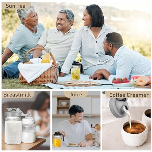 Breast Milk Pitcher Mason Jar - 2Pack Easy Pouring 32oz Airtight Glass Jar with Pour Spout Lid, Classic Wide Mouth Jug Easy to Clean, Ideal for Coffee & Creamer, Iced & Sun Tea, Juices - color: Black&Grey, size: 1 Quart