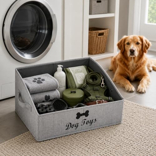 Foldable Fabric Dog Toy Storage Box - Collapsible Basket with Handle, Organizer for Large Dog Toys (Slub Gray-DOG) - color: Slub Gray, size: Large - Dog Toys