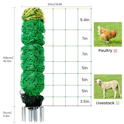 Electric Fence Netting, 164'L x 42.5" H Movable Livestock Nets for Sheep, Hogs, Cattle, PE Net Fencing Kit with 14 Posts Double Spiked, Electric Fencing for Backyards, Homesteaders, Farms Ranches - size: 164'L x 42.5" H