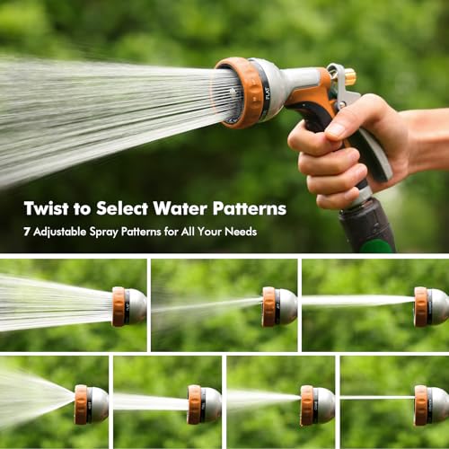 RESTMO Garden Hose Nozzle Heavy Duty, Rear Trigger Water Sprayer, Orange | 7 Adjustable Spray Patterns, Durable Metal, Flow Control, Ideal for Plants & Lawns Watering, Cars & Pets Washing - color: Orange