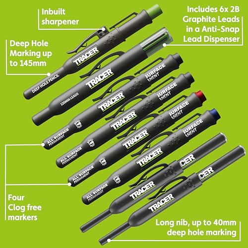 Tracer 8 Piece Construction Marker Kit - Carpenter Pencil Set | Deep hole marking pen, clog-free construction markers, 2.8mm leads, magnetic storage case - style: 8pc Set