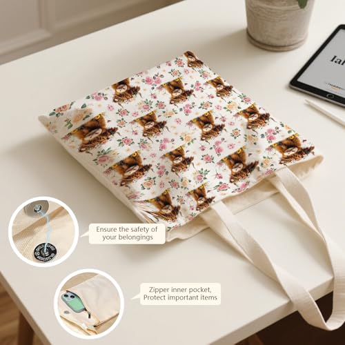 Aesthetic Canvas Tote Bag for Women - with Magnetic Snap Closure & Zipper Inner Pocket Reusable Totes Bag - color: Cow1