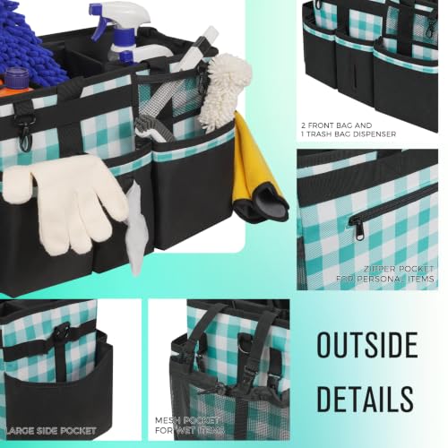 SCAVATA Wearable Cleaning Caddy, Cleaning Caddy Supplies Organizer with Handle & Shoulder Straps for Housekeepers, Under Sink & Car Cleaning Tool Organizers Bag with 4 Foldable Divider (BluePlaid) - color: BluePlaid