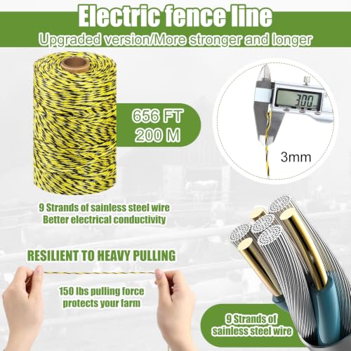 Electric Fence Kit, 0.25j Charger 656ft Wire 60 Insulators | 5 Mile 110V Plug in Electric Fence, Polywire for Livestock Horse Cattle Poultry, T Post Screw Insulators, Farm Pasture - size: 656FT, style: 0.25J