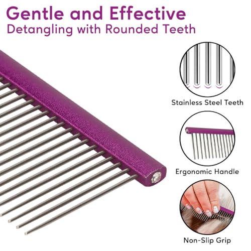 Pet Comb 8 inches Comfortable Grooming Comb with Different-Spaced Rounded Stainless Steel Teeth, Easy Grip and Convenient Grooming for Pets Dog Cat with Medium Coarse Fur - Purple | Easy Grip and Convenient Grooming for Pets Dog Cat with Medium Coarse Fur