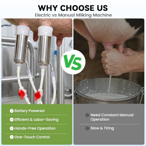 2-in-1 7L Goat Milking Machine, Electric Vacuum Pulsation Milker | Battery Powered Goat Milker with 4 Teat Cups, for Goat & Cow, Auto Stop, SUS304 Stainless Steel Bucket, Food-Grade Material