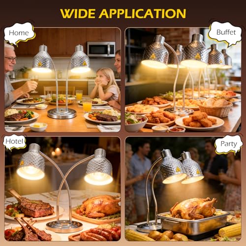 Dyna-Living Food Heat Lamp, 2-Head Adjustable Heat Lamp for Food Commercial Electric Food Warmer Lamp Catering Warming Lights for Buffet Parties Restaurant Kitchen, 500W - color: Silver