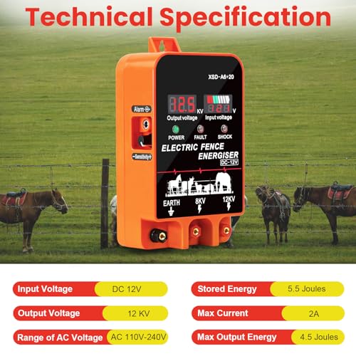 5.5J Electric Fence Charger Energizer, 5.5 Joules 10 Miles | AC DC 2 in 1 Powered Supply, Input 12V Output 8 KV or 12KV with Display and Alarm,Contain Cattle Cow and Livestock, No Remote
