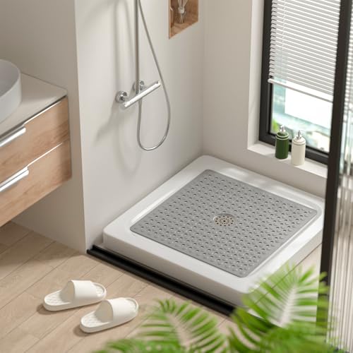 HITSLAM Non Slip Shower Mat, Square Bathtub Mat, 24x24 Inch, Grey | Diamond Textured PVC Bath Mat With Suction Cups, Shower Stall Mat with Center Drain Hole, Strong Grip, Machine Washable - color: Grey