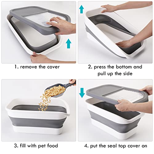 Pet Food Storage Containers, Collapsible Cat Food Container with Transparent Sliding Lid,10-13 lb Plastic Dog Food Bin with Measuring Cup and Dog Food Scoop - color: small gray