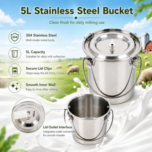Plug-in 5L Goat Milking Machine Adjustable Pulsating Vacuum Pump | with 304 Stainless Steel Milk Bucket, Adjustable Pulsation Frequency, Portable Compact Overall Design