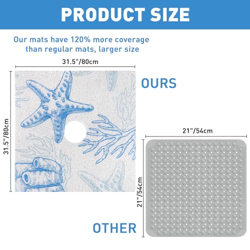 Square Shower Mat Non Slip: 32 x 32 Inch Extra Large Shower Mats with Drain Hole in Middle - PVC Loofah Anti Slip Shower Floor Matt for Inside Shower - color: Blue Starfish, size: 32" x 32" (Square)