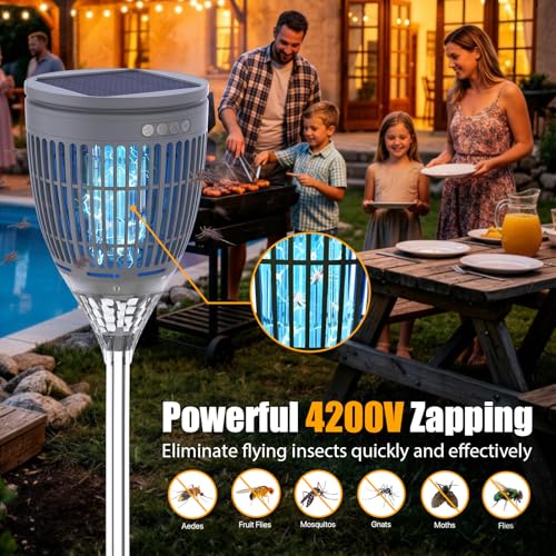 Rossetta Solar Bug Zapper Outdoor, Fly Zapper with Flame & Projector Light | 4200V Shock Grid, Solar & USB Charging, IPX5 Waterproof, Auto Mode, Cordless Electric Mosquito Killer for Patio, Garden - color: Gray