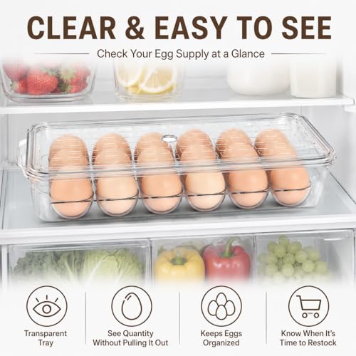 2 Pack 18 Egg Holder for Fridge - Plastic Stackable Egg Tray Holder With Lid - Egg Storage Container Organizer Bins with Air Hole and Handles for Refrigerator, Freezer, Pantry Organization - Clear