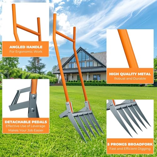 Broadfork Garden-Tool Heavy-Duty Broad Fork - 50cm Wide 5 Tines Digging Fork with Pedals, Robust Durable Garden Fork for Loosening Soil and Weed Removal