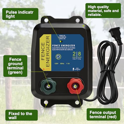 PE2 Electric Fence Charge, 2-Mile/ 8 Acres Electric Fence Charger,Livestock Fence Chargers for Containing Dogs, Livestock and Preventing Wild Animals Intruding - color: Without wire