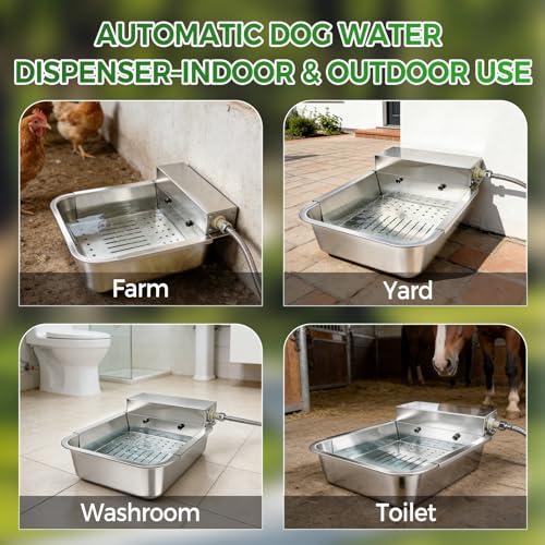 Automatic Dog Water Dispenser with Drain Hole & Sink Strainer, Stainless Steel Auto Dog Water Bowl with Float Valves, Hose Quick Connect Fitting, for Livestock, Chicken, Horse (4 Gallons) - size: 4 Gallons