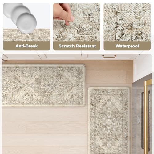 KIMODE Anti Fatigue Kitchen Mats 2 PCS 17"x47"+17"x29.5", Boho Kitchen Rugs and Mats, Non Slip Cushioned Kitchen Mats for Floor, Waterproof Kitchen Floor Mats for Laundry, Office, Sink, Khaki | 17"x47"+17"x29" Non Slip Cushioned Kitchen Mats for Floor, Wa