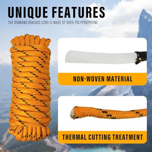 Diamond Braided Polypropylene Rope Nylon Rope Mix Thick Heavy Duty Ropes 3/8'' 50ft High Strength Perfect for Clothesrope Camping Hiking and Other Outdoor Activities Orange - size: 3/8'' 50ft Orange