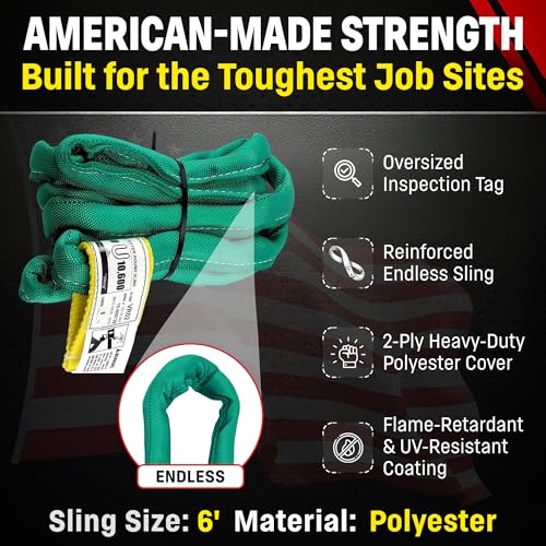 VR2 6ft Green Endless Round Polyester Rigging Sling | USA Made, Double-Ply Cover, for Lifting & Material Handling, Capacity: 5,300 lb Vertical, 4,240 lb Choker, 10,600 lb Basket - size: 6 ft
